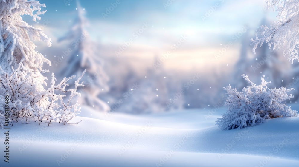 Poster tranquil winter landscape with snow-covered trees and soft light creating a serene atmosphere in a f