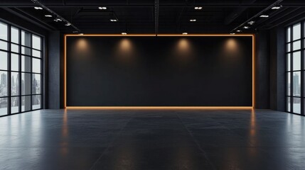 A sharp, modern gallery room with an empty black exhibition wall under precise overhead lighting, creating a professional display setting