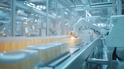 Wide shot of a fully automated robotic assembly line in operation 