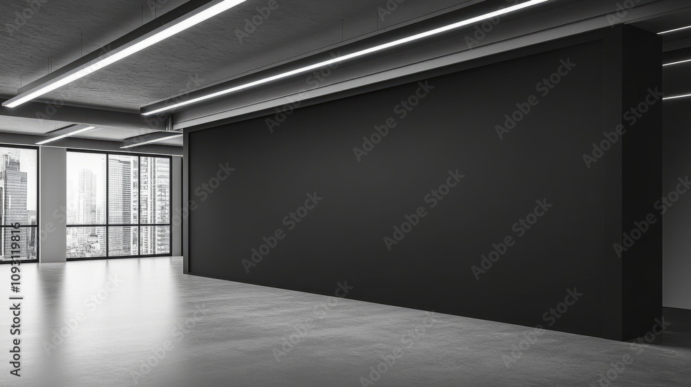 Poster a sharp, modern gallery room with an empty black exhibition wall under precise overhead lighting, cr