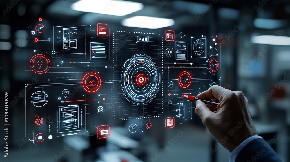 Poster businessman holding a futuristic glowing digital interface with a assurance checklist and document c