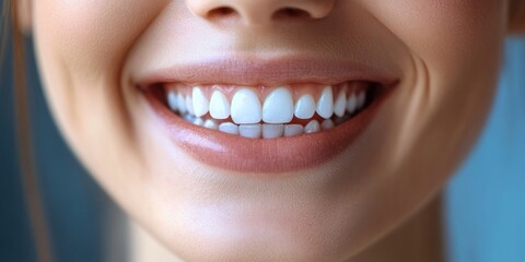 A close-up image capturing the perfect dental health of a person smiling broadly, showcasing bright white teeth and healthy gums in a cheerful manner