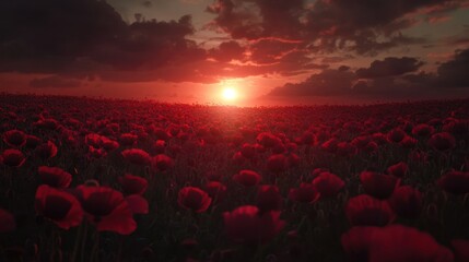 Fototapeta premium Vibrant Sunrise Over a Field of Red Poppies Illuminated by Warm Sunlight with Dramatic Clouds in the Sky Creating a Serene and Breathtaking Landscape