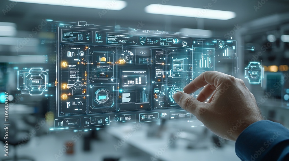 Fototapete holographic digital checklist interface held by a hand with bright icons of assurance and document c