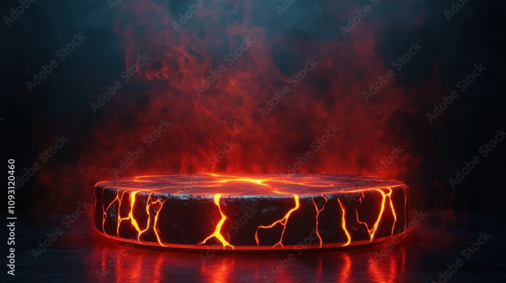 Poster dramatic lava flow effect on dark background, dynamic and fiery scene with illuminated red glowing t