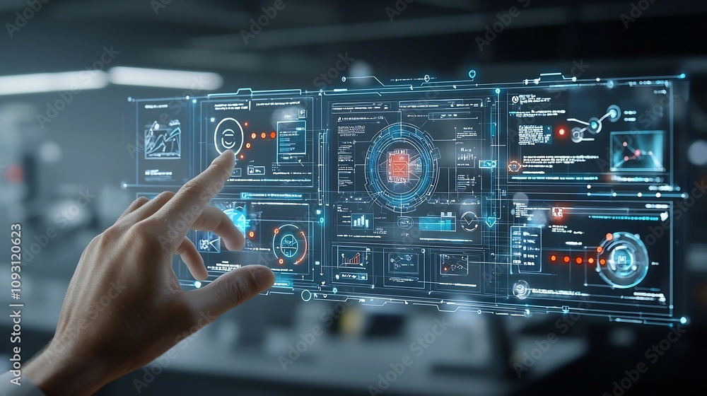 Poster holographic digital checklist interface held by businessman overseeing verification and audit proces