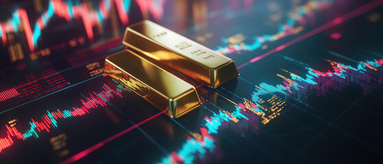 Gold bars on a digital financial chart background