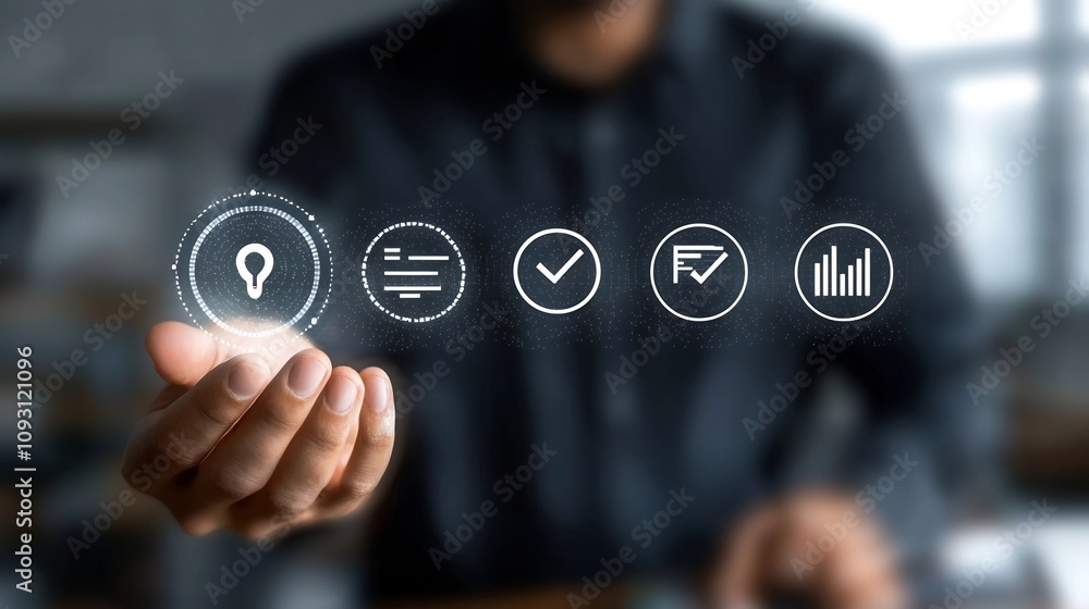 Aufkleber Holographic interface held in hand displaying assurance and document control checklist icons with a subtle background featuring a person wearing a black shirt representing digital transformation