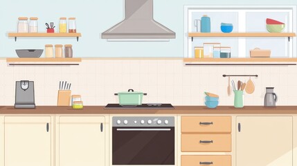 Modern Kitchen Interior Design with Colorful Kitchenware and Stylish Furniture
