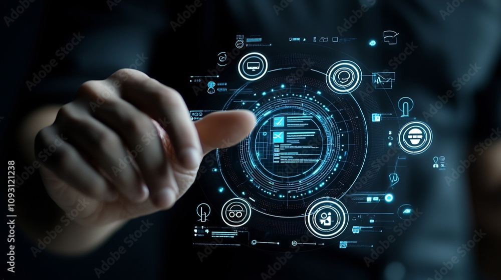Poster Futuristic digital interface glowing in a hand showcasing assurance processes with checklist icons and document control a man in a black shirt faintly visible behind the display