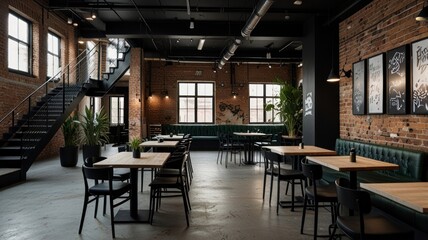 Fototapeta premium Here's a suggested and keyword list for your stock photo.. Modern industrial restaurant interior with exposed brick walls, high ceilings, and metal staircase.