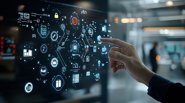 Hand grasping a glowing holographic panel filled with checklist icons representing document control and compliance with a subtle image of a man in a black shirt in the backdrop