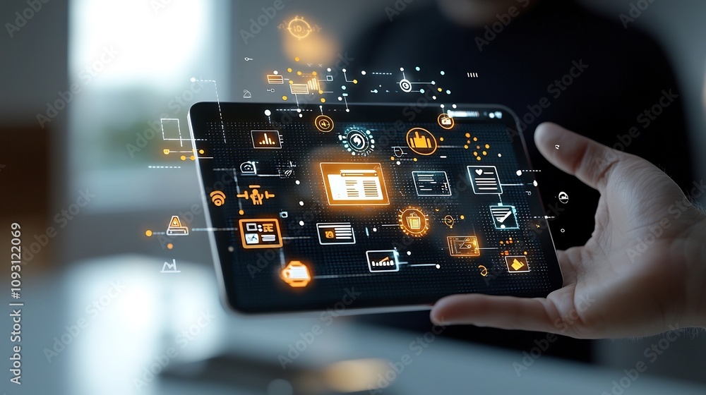 Poster Glowing digital interface held by a hand showcasing document control and assurance checklist icons with the faint view of a man in a black shirt in the background