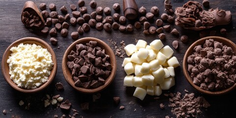 A close-up image featuring an assortment of chocolate and vanilla ingredients in rustic wooden bowls, including chocolate chips, grated chocolate, and vanilla chunks, artistically arranged on a