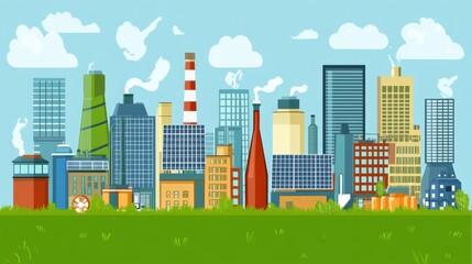 Sustainable urban industrial growth city skyline digital illustration green environment aerial view eco-friendly concepts