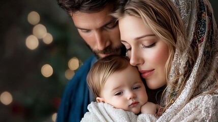 Obraz premium Peaceful and Serene Depiction of The Holy Family with Mary Tenderly Cradling the Infant Jesus as Joseph Looks on with Loving Devotion