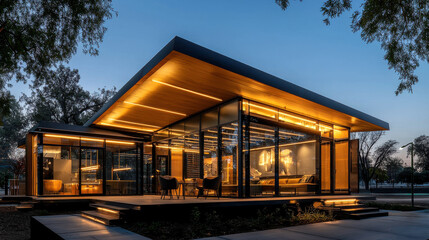 Modern modular house with glass walls and wooden accents at dusk