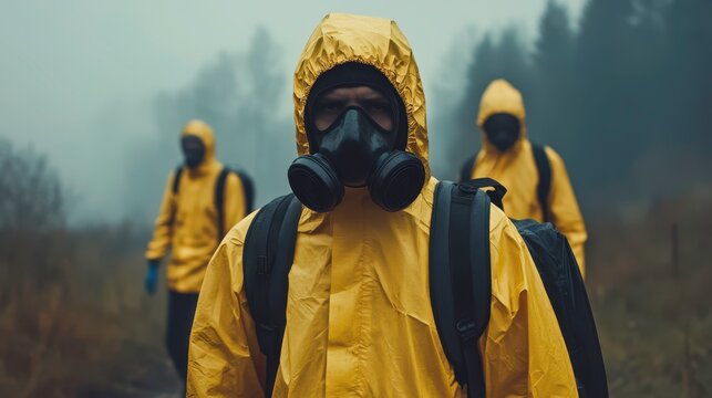 Emergency response teams in protective gear forest environment action scene environmental awareness close-up perspective