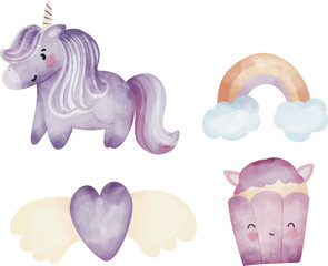 Watercolor set of vector cute purple unicorn and rainbow, cute cupcake, and heart with wings
