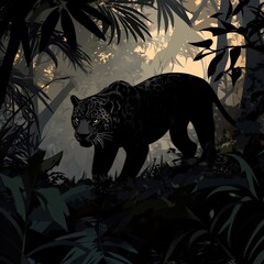 Majestic Black Panther Stalking Through Dense Jungle at Dusk, Surrounded by Lush Green Foliage and Soft Light Filtering Through Tree Canopy