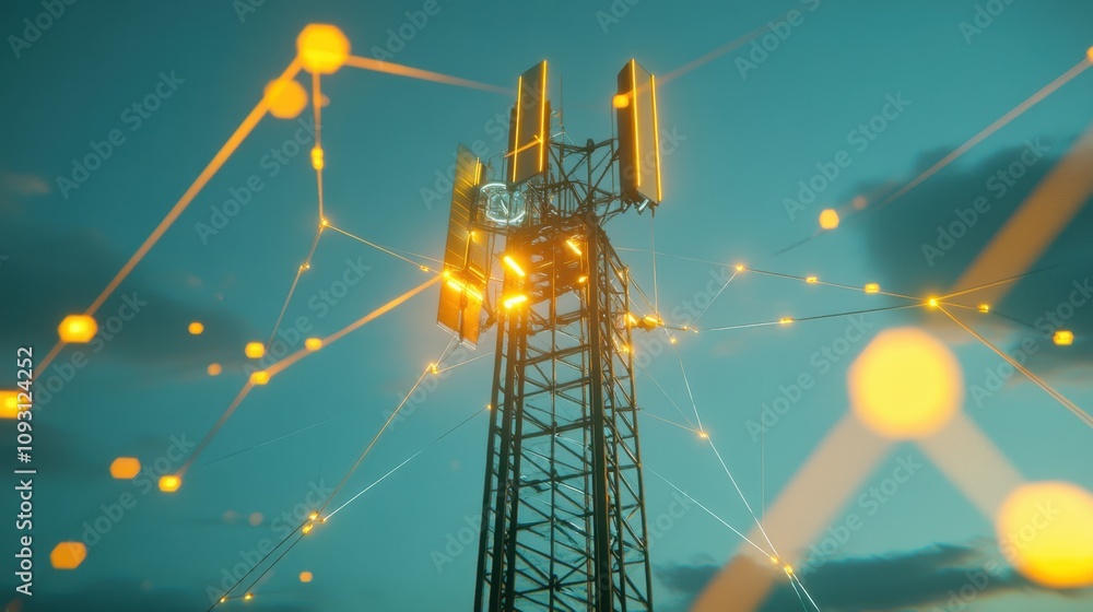 Poster futuristic communication tower with sparkling connections against a dark sky, representing advanced 