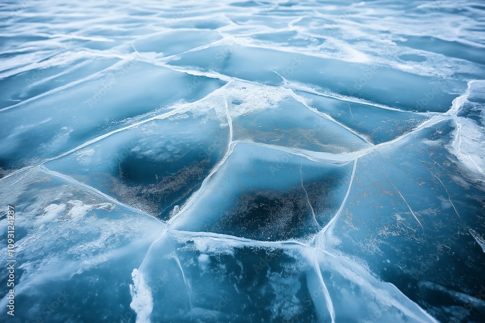 Poster a frozen body of water with ice and snow on the surface. the ice is jagged and broken, creating a ro