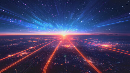 Futuristic Digital Landscape with Glowing Nodes and Lines Representing an Interconnected Network of Technology and Innovation in a Night Sky Setting