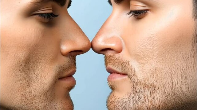 Close-up profile of two men facing each other, symbolizing love, connection, and homosexuality