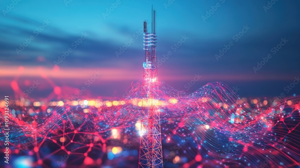 Poster stunning night view of a communication tower illuminated with colorful lights and digital wave patte