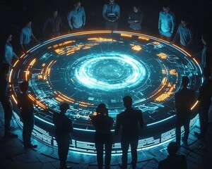 Futuristic Business Team Gathered Around Glowing Holographic Conference Table