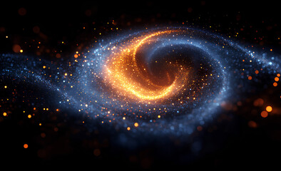 A mesmerizing spiral galaxy with vibrant blue and orange glowing particles, showcasing the beauty of cosmic light and motion in space.
