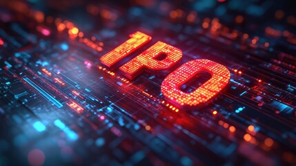Red 'IPO' technology-themed digital market display.