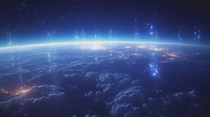 Obraz premium Glowing Digital Nodes and Lines Illustrating a Network Above Earth, Capturing the Beauty of Technology and Connectivity in a Cosmic Setting