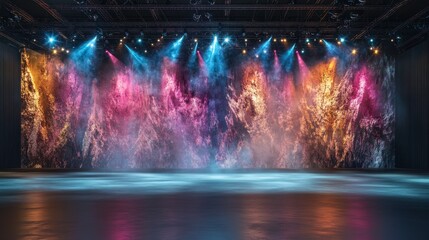Vibrant Stage Background with Colorful Lights and Soft Fog for Performances and Events Featuring Illuminated Textures and Dynamic Atmosphere