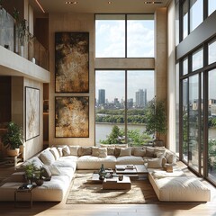 Luxurious Modern Living Room With Stunning City View and Natural Light Blending Elegance and Comfort in a Serene Atmosphere