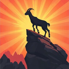 Majestic Mountain Goat Silhouette Against a Vibrant Sunrise Sky with Radiant Rays Spreading Across the Horizon, Symbolizing Freedom and Strength