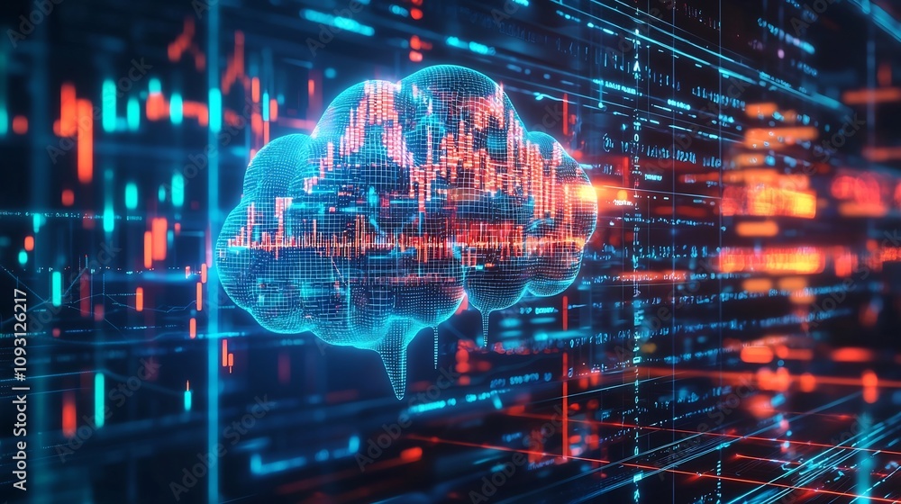 Poster glowing neural network analyzing market data for predictive insights