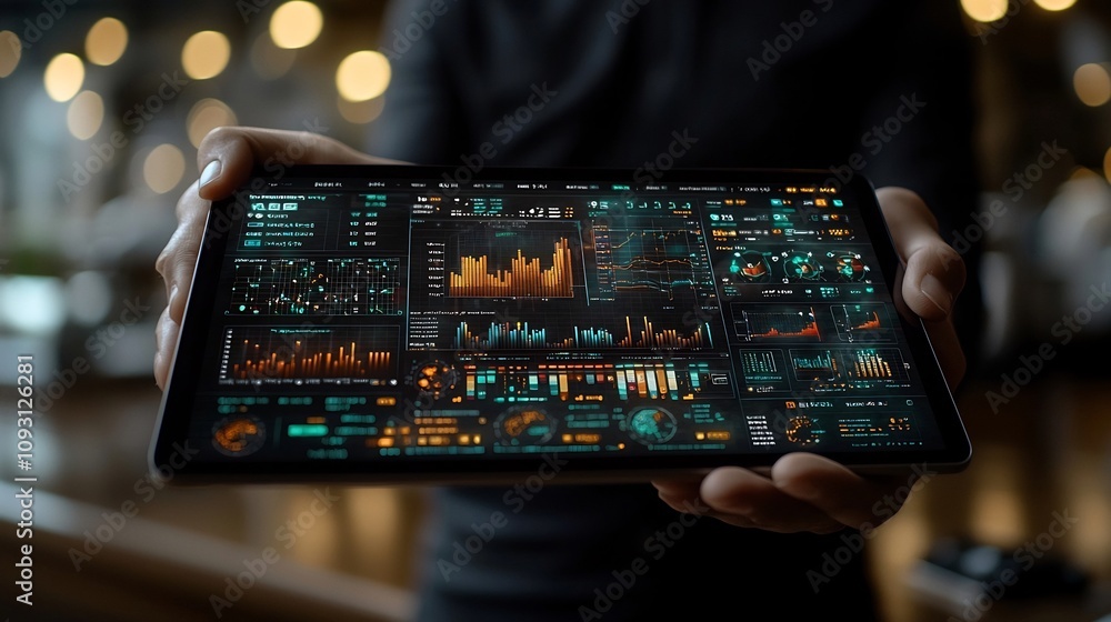 Poster A professional digital display held in a hand showcasing policy management and regulatory compliance details such as certifications checklists and financial data
