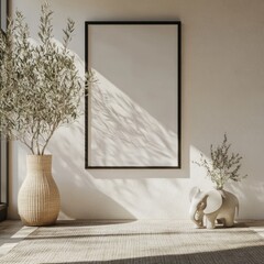 3D Render of White Vertical Picture Frame with Black Edges on Wall in Minimalistic Interior with Elephant Vase and Olive Branches