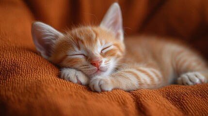 An adorable orange kitten peacefully sleeps on a cozy orange blanket, capturing the essence of tranquility and comfort in a warm and inviting scene