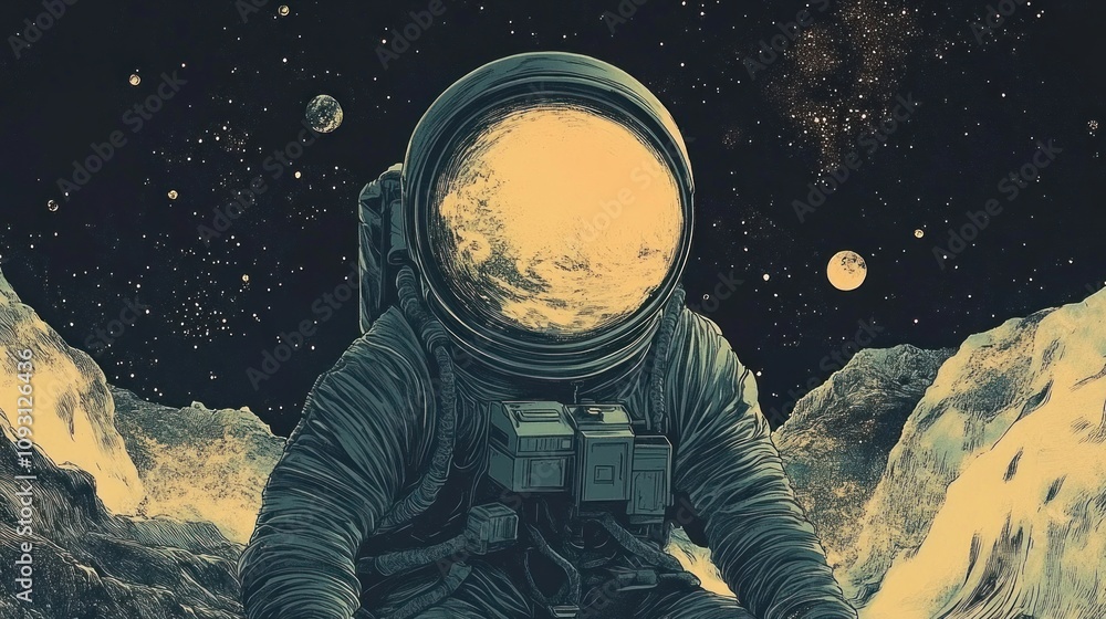 Poster surreal astronaut in space exploring alien landscapes with planets and stars surrounding in a deep c