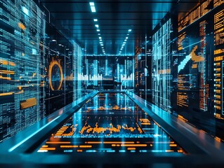 Futuristic AI Powered Financial Trading Room with Holographic Data Visualization