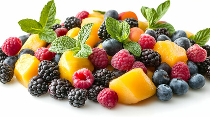 Obraz premium Photo Fresh Fruit Salad with Blackberries, Raspberries, Blueberries, and Mango
