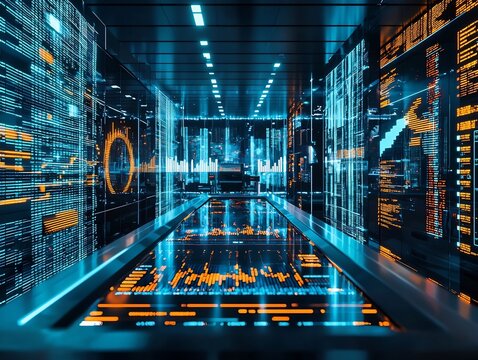 Futuristic AI Powered Financial Trading Room with Holographic Data Visualization