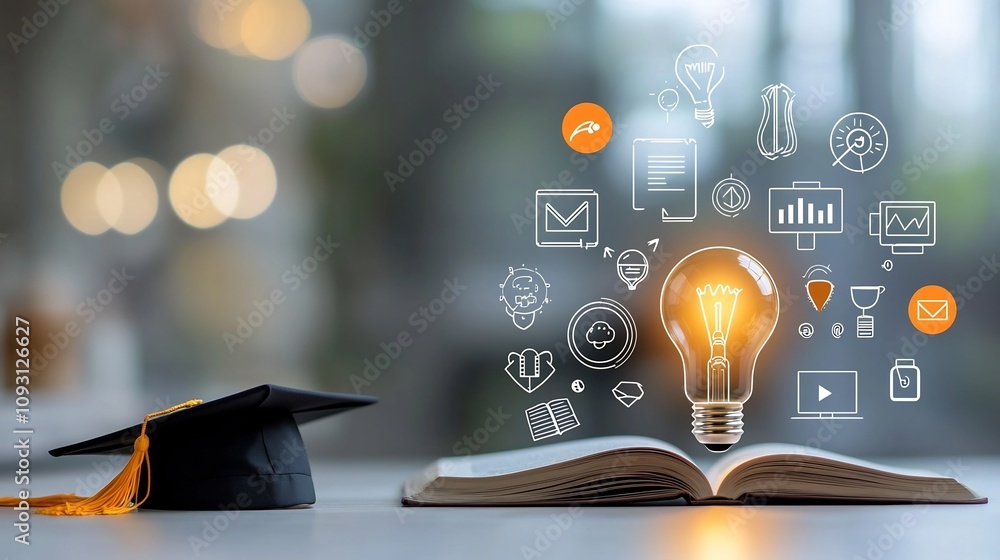 Leinwandbilder a glowing lightbulb symbolizing ideas and on an open book with a graduation hat surrounded by educat