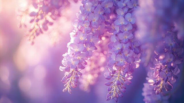 Fototapeta A beautifully detailed close-up capture of delicate purple wisteria flowers blooming in a soft, dreamy ambiance, highlighting nature's intricate beauty