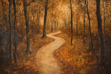 Obraz premium Autumnal Path Winding Through a Golden Forest