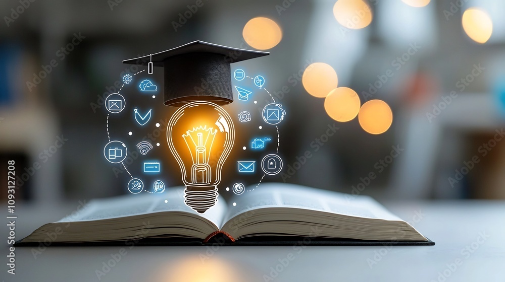 Fototapete Radiant lightbulb resting on an open book wearing a graduation cap encircled by digital course achievement icons all highlighted by a soft