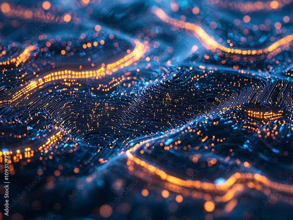 Poster glowing neural network calculating financial strategies with technology