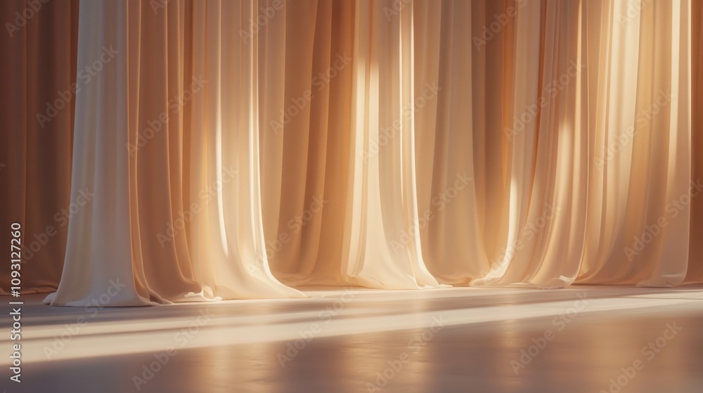Poster soft and elegant fabric drapes illuminated by natural light in a serene indoor space, creating a cal